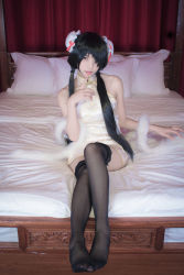 Rule 34 | 1girl, artist request, asian, bare shoulders, bed, bedroom, black hair, black thighhighs, blurry, bun cover, china dress, chinese clothes, color contacts, cosplay, date a live, depth of field, double bun, dress, feather boa, feet, finger to mouth, hair bun, hair over one eye, halter dress, halterneck, indoors, knee up, lace, lace-trimmed legwear, lace trim, long hair, looking at viewer, makeup, mascara, no shoes, on bed, parted lips, photo (medium), pillow, red eyes, short china dress, sitting, sleeveless, sleeveless dress, solo, thighhighs, tokisaki kurumi, tokisaki kurumi (cosplay), twintails, zettai ryouiki