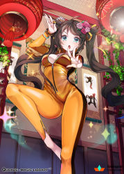Rule 34 | 1girl, ahoge, bodysuit, bracelet, breast press, breasts, brown hair, bruce lee&#039;s jumpsuit, chinese lantern, cleavage, company name, copyright name, cosplay, cowboy shot, fingernails, flower, hair flower, hair ornament, hair ribbon, hands up, heart, heart-shaped pupils, highres, indoors, jewelry, jumpsuit, kanola u, leaf, leg up, long fingernails, long hair, looking at viewer, medium breasts, no bra, open clothes, open mouth, orange jumpsuit, plant, qurare magic library, ribbon, skin tight, solo, sparkle, standing, standing on one leg, symbol-shaped pupils, symmetrical docking, tassel, twintails, unzipped, very long hair, yellow bodysuit, yellow ribbon, zipper