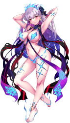 Rule 34 | 1girl, anklet, armpits, arms behind head, arms up, bare shoulders, barefoot, blue fire, blue hair, blush, body markings, breasts, earrings, fate/grand order, fate (series), fire, flower, full body, gairou (takakuan), hair flower, hair ornament, hair ribbon, highres, jewelry, kama (fate), kama (swimsuit avenger) (fate), kama (swimsuit avenger) (third ascension) (fate), large breasts, long hair, looking at viewer, lotus, multicolored hair, nail polish, navel, red eyes, revealing clothes, ribbon, solo, star (symbol), star earrings, two-tone hair, white hair