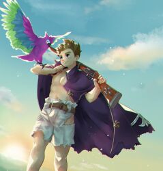 Rule 34 | 1boy, belt, bird, blue eyes, blue sky, brown hair, chromatic aberration, closed mouth, coat, coat on shoulders, collared coat, cover image, feet out of frame, gun, highres, holding, holding gun, holding weapon, horns, light particles, looking at another, male focus, muscular, muscular male, no shirt, pants, parrot, purple coat, robinson (housamo), short hair, sky, smile, solo, tass commuovere, thick eyebrows, tokyo houkago summoners, torn clothes, torn coat, torn pants, weapon, white pants