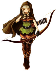Rule 34 | 1girl, arrow (projectile), belt, boots, bow (weapon), braid, brown eyes, cape, dragon&#039;s crown, elf, elf (dragon&#039;s crown), gloves, haruhito (divineshalt), highres, hood, pointy ears, quiver, shorts, simple background, solo, standing, thigh boots, thighhighs, twin braids, vanillaware, weapon, white hair