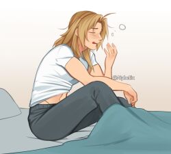 Rule 34 | 1boy, accidental exposure, ahoge, aiphelix, androgynous, bed sheet, bedroom, blonde hair, blush, closed eyes, clothes lift, commentary, edward elric, english commentary, fullmetal alchemist, grey pants, highres, long hair, male focus, navel, on bed, open mouth, pants, pillow, shirt, shirt lift, sitting, sleepy, t-shirt, under covers, waking up, white shirt, yawning