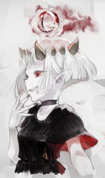 Rule 34 | 1girl, albino, black choker, black dress, blood, choker, commentary request, dress, from side, grey background, grey nails, grin, hand to own mouth, hand up, highres, horns, magic, nail polish, original, pale skin, pointy ears, red eyes, sharp teeth, short hair, short sleeves, slit pupils, smile, solo, teeth, third eye, toro3, upper body, vampire