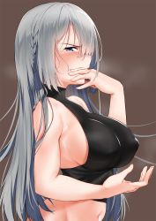 Rule 34 | 1girl, ak-15 (girls&#039; frontline), ass, bare shoulders, bishi (bishi), blush, bottomless, braid, breasts, brown background, covered erect nipples, girls&#039; frontline, heavy breathing, highres, long hair, looking at viewer, navel, purple eyes, silver hair, simple background, sleeveless, solo