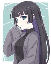 Rule 34 | 1girl, aqua eyes, black hair, black sweater, blunt bangs, bocchi the rock!, breasts, cardigan, chin piercing, colored inner hair, commentary request, e20, ear piercing, goth fashion, grey cardigan, hand to own mouth, happy, highres, hime cut, long hair, looking at viewer, medium breasts, multicolored hair, open cardigan, open clothes, outside border, pa-san, piercing, sleeves past fingers, sleeves past wrists, smile, sweater, turtleneck, turtleneck sweater, two-tone background, white background