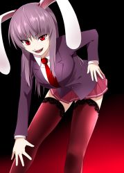 Rule 34 | 1girl, animal ears, bad id, bad pixiv id, breasts, female focus, hand on own hip, hip focus, lace, lace-trimmed legwear, lace trim, large breasts, leaning forward, legs, mattari yufi, miniskirt, naughty face, necktie, pink skirt, pleated skirt, purple hair, rabbit ears, red eyes, red necktie, reisen udongein inaba, skirt, solo, striped clothes, striped skirt, thighhighs, touhou