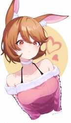 Rule 34 | 1girl, animal ears, bare shoulders, breasts, brown hair, choker, closed mouth, collarbone, commentary, cropped torso, english commentary, fur-trimmed sweater, fur trim, hair between eyes, halterneck, harumaki tokage, heart, heart-shaped pupils, heart choker, highres, large breasts, light blush, long sleeves, looking at viewer, off-shoulder sweater, off shoulder, official alternate costume, persona, persona 3, persona 3 reload, pink sweater, rabbit ears, red eyes, short hair, solo, sweater, symbol-shaped pupils, takeba yukari, twitter username, upper body, white choker