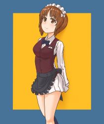 Rule 34 | 1girl, apron, ark-art, arms behind back, bartender, black apron, black bow, black bowtie, blush, bow, bowtie, brown eyes, brown hair, brown vest, closed mouth, commentary request, cosplay, cowboy shot, cutlass (girls und panzer), cutlass (girls und panzer) (cosplay), dress shirt, frilled apron, frills, girls und panzer, handkerchief, head tilt, highres, light blush, long sleeves, looking at viewer, maid headdress, miniskirt, nishizumi miho, pleated skirt, school uniform, shirt, short hair, skirt, smile, solo, standing, vest, waist apron, white shirt, white skirt, wing collar, yellow background