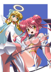 Rule 34 | 2girls, :d, :o, angel wings, aqua eyes, armor, avatar (eco), bare shoulders, bat wings, bell, belt, black tail, blonde hair, blue bow, blue cape, blue sleeves, body blush, bow, bowtie, braid, breasts, cape, cleavage, cleavage cutout, clothing cutout, covered navel, demon girl, detached sleeves, dominion (eco), double bun, elbow gloves, emil chronicle online, fangs, fingerless gloves, fingernails, flat chest, gloves, gold belt, gold trim, hair between eyes, hair bow, hair bun, halo, knee pads, knees together feet apart, leotard, long hair, long sleeves, medium breasts, mini wings, multiple girls, navel, neck bell, open mouth, orange eyes, pink armor, pink hair, pink thighhighs, pointy ears, puffy long sleeves, puffy sleeves, purple wings, quad braids, red bow, red bowtie, shinjou satomi, shoulder armor, sidelocks, slit pupils, smile, thighhighs, titania (eco), vambraces, white gloves, white leotard, white thighhighs, white wings, wings, zettai ryouiki