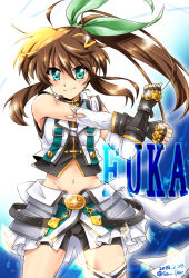 Rule 34 | 1girl, ahoge, armored skirt, bike shorts, black gloves, black shirt, black shorts, blush, brown hair, character name, clenched hands, closed mouth, commentary request, cowboy shot, dated, elbow gloves, fingerless gloves, fuka reventon, gauntlets, gloves, green eyes, green ribbon, hair ornament, hair ribbon, hairclip, highres, jacket, light blush, long hair, looking at viewer, lyrical nanoha, magical girl, midriff, navel, overskirt, ponytail, ribbon, san-pon, shirt, shorts, skirt, sleeveless, sleeveless jacket, sleeveless shirt, smirk, solo, standing, stretching, thigh strap, twitter username, vivid strike!, white gloves, white jacket, white skirt