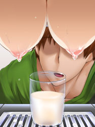 Rule 34 | 1boy, 1girl, breasts, brown hair, ebido, faceless, faceless male, glass, grate, hanging breasts, large breasts, milk, nipples, original