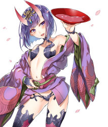 Rule 34 | 1girl, alcohol, blush, bob cut, breasts, cup, eyeliner, fate/grand order, fate (series), headpiece, highres, horns, japanese clothes, kasumi komo, kimono, long sleeves, looking at viewer, makeup, navel, oni, open mouth, purple eyes, purple hair, purple kimono, revealing clothes, sakazuki, sake, short eyebrows, short hair, shuten douji (fate), simple background, skin-covered horns, small breasts, smile, solo, thighhighs, thighs, white background