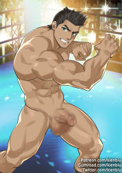 Rule 34 | 1boy, abs, bara, black hair, boxer, censored, completely nude, dark-skinned male, dark skin, feet out of frame, flaccid, green eyes, gumroad username, kienbiu, little mac, male focus, mosaic censoring, muscular, muscular male, navel, nintendo, nipples, nude, paid reward available, patreon username, penis, punch-out!!, short hair, sideburns, solo, stomach, super smash bros., thighs, twitter username, wrestling ring