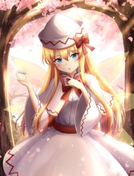Rule 34 | 1girl, absurdres, blonde hair, blue eyes, bow, bowtie, capelet, cherry blossoms, commentary, dress, english commentary, fairy wings, forest, hair between eyes, hat, highres, kuneamorai, light particles, light rays, lily white, long hair, long sleeves, looking at viewer, nature, open mouth, outdoors, red bow, red bowtie, solo, spring (object), standing, touhou, tree, white capelet, white dress, white hat, wide sleeves, wings