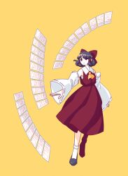 Rule 34 | 1girl, ascot, black footwear, black hair, bow, collared dress, commentary, danmaku, detached sleeves, dress, english commentary, hair bow, hair tubes, hakurei reimu, ofuda, red bow, red dress, red eyes, red skirt, ribbon-trimmed sleeves, ribbon trim, ruins of vina, russian text, sarashi, short hair, skirt, sleeveless, sleeveless dress, solo, touhou, translated, white sleeves, wide sleeves, yellow ascot, yellow background