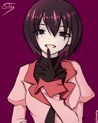 Rule 34 | 1girl, :d, absurdres, black eyes, black gloves, black hair, black necktie, black undershirt, bob cut, breasts, commentary, dated, dress shirt, empty eyes, english commentary, gloves, hair between eyes, hand on own face, highres, long sleeves, looking at viewer, monogatari (series), naoetsu high school uniform, necktie, open mouth, oshino ougi, pale skin, pink shirt, puffy sleeves, purple background, sbinnalatony, school uniform, shirt, short hair, signature, simple background, sleeves past wrists, small breasts, smile, solo, spread fingers, straight-on, teeth, turtleneck, twitter username, upper body, upper teeth only