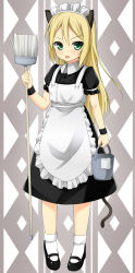 Rule 34 | 1girl, alternate costume, animal ears, aqua eyes, blonde hair, broom, bucket, cat ears, cat tail, heinrike prinzessin zu sayn-wittgenstein, highres, kuragari, long hair, maid, maid headdress, noble witches, open mouth, strike witches, tail, world witches series