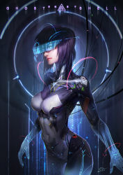 Rule 34 | arms at sides, blue-tinted eyewear, bodysuit, breasts, cable, character name, commentary request, copyright name, covered erect nipples, covered navel, cyborg, dated, ghost in the shell, ghost in the shell stand alone complex, hair ornament, highres, kusanagi motoko, lips, medium breasts, nose, one eye closed, pink lips, purple bodysuit, purple hair, science fiction, short hair, signature, skin tight, solo, tinted eyewear, visor