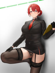 Rule 34 | 1girl, against wall, black gloves, black jacket, black panties, black shirt, black thighhighs, breasts, chela77, clipboard, collared shirt, earrings, female pubic hair, garter straps, gloves, hair bun, high heels, highres, holding, holding clipboard, hongryeon (last origin), jacket, jewelry, large breasts, last origin, leaning back, looking at viewer, mole, mole under eye, necktie, no pants, panties, parted lips, pubic hair, purple eyes, pussy cutout, red hair, red necktie, shirt, single hair bun, skindentation, solo, standing, standing on one leg, suit jacket, sweat, symbol-only commentary, thighhighs, underwear, wet, wet hair