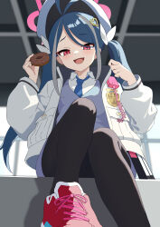 Rule 34 | 1girl, absurdres, antenna hair, black pantyhose, blue archive, blue hair, blue necktie, blue skirt, blue vest, blush, collared shirt, doughnut, food, foot out of frame, fubuki (blue archive), grey hair, halo, highres, holding, holding food, jacket, long hair, long sleeves, multicolored hair, necktie, open clothes, open jacket, pantyhose, pink footwear, pink halo, pogeepoge, red eyes, shirt, shoes, sitting, skirt, solo, twintails, vest, white jacket, white shirt