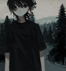 Rule 34 | 1girl, black shirt, closed mouth, cloud, cloudy sky, expressionless, forest, grey sky, highres, hill, looking at viewer, nature, original, outdoors, pine tree, shirt, short sleeves, sky, solo, tree, upper body, uzuki uzu
