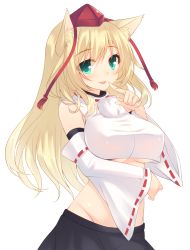 Rule 34 | 1girl, animal ears, atago (kancolle), bad id, bad nicoseiga id, blonde hair, blush, breasts, cosplay, detached sleeves, green eyes, hat, highres, inubashiri momiji, inubashiri momiji (cosplay), kantai collection, kemonomimi mode, large breasts, long hair, looking at viewer, miko (royal milk), simple background, skirt, solo, tokin hat, touhou, underboob, white background, wolf ears