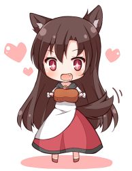 Rule 34 | 1girl, animal ears, boned meat, brooch, brown hair, chibi, commentary request, drooling, fang, food, heart, imaizumi kagerou, jewelry, long sleeves, meat, open mouth, red eyes, shichikaku, shirt, skirt, solo, tail, tail wagging, touhou, wide sleeves, wolf ears, wolf tail
