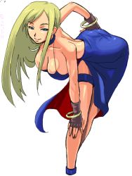 Rule 34 | 1girl, blonde hair, blue eyes, bracelet, breasts, cleavage, downblouse, dress, fatal fury, fingerless gloves, garou: mark of the wolves, gloves, hanging breasts, jenet behrn, jewelry, large breasts, long hair, murata (acid-head), naughty face, pirate, smile, snk, solo, the king of fighters, translation request