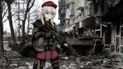Rule 34 | absurdres, ak-74m, ak74m (girls&#039; frontline), ammunition belt, armored personnel carrier, armored vehicle, assault rifle, beret, black thighhighs, blonde hair, blue eyes, building, camouflage gloves, destruction, girls&#039; frontline, gun, hair ornament, hat, highres, holding, holding gun, holding weapon, kalashnikov rifle, kuro ten7, long hair, looking at viewer, military operator, photo background, red star, rifle, rubble, russian flag, signature, skirt, snowflake hair ornament, solo, standing, star (symbol), tactical clothes, thighhighs, tree, trigger discipline, war, weapon
