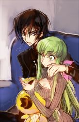Rule 34 | 1boy, 1girl, artist name, black hair, blush, breasts, c.c., cheese-kun, cleavage, code geass, couch, creayus, eating, food, green hair, hand on shoulder, hat, holding, indoors, lelouch vi britannia, long hair, long sleeves, open mouth, parted lips, pizza, purple eyes, short hair, sidelocks, sitting, stuffed toy, twitter username, yellow eyes