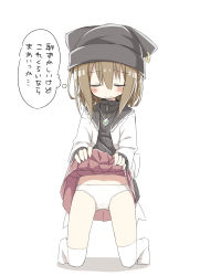 Rule 34 | 1girl, animal ears, animal hat, ayanepuna, black hat, black shirt, blush, brown hair, brown skirt, cat ears, cat hat, closed eyes, closed mouth, clothes lift, ear piercing, facing viewer, fang, fang out, full body, hair between eyes, hat, highres, jacket, kneeling, lifting own clothes, long hair, long sleeves, mei (ayanepuna), navel, no shoes, open clothes, open jacket, original, over-kneehighs, panties, piercing, pleated skirt, shirt, skirt, skirt lift, solo, sweat, thighhighs, translation request, underwear, wavy mouth, white background, white jacket, white panties, white thighhighs, zipper pull tab