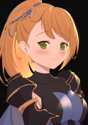 Rule 34 | 1girl, armor, black background, black shirt, blush, breasts, brown hair, character request, closed mouth, granblue fantasy, green eyes, hair ornament, highres, long hair, medium breasts, pauldrons, ponytail, shirt, shoulder armor, smile, solo, uneg, upper body