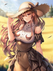 Rule 34 | 1girl, arm up, bare shoulders, black bow, blurry, blurry background, blush, bow, breasts, brown eyes, brown hair, brown hat, brown skirt, closed mouth, commission, day, depth of field, glaze artifacts, hat, hat bow, high-waist skirt, highres, large breasts, long hair, looking at viewer, milcho, original, outdoors, showgirl skirt, skeb commission, skirt, smile, solo, straw hat, underbust