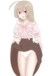 Rule 34 | 1girl, ahoge, blush, breasts, brown hair, brown skirt, embarrassed, eyebrows visible through hair, female focus, frilled shirt, frills, hands up, legs together, lifted by self, long hair, long sleeves, looking at viewer, nose blush, open mouth, original, panties, pink neckwear, pink shirt, red eyes, rokugatsu (mutuki rokugatu), shiny, shiny hair, shirt, shirt tucked in, short over long sleeves, short sleeves, sidelocks, simple background, skirt, skirt lift, small breasts, solo, standing, tears, teeth, underwear, white background, white panties