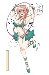 Rule 34 | 1girl, armlet, armpits, arms up, bandeau, bangle, bare shoulders, blush, bracelet, braid, breasts, brown hair, butterfly hair ornament, cleavage, clenched hands, constricted pupils, dancer, earrings, embarrassed, female focus, full body, green bandeau, green eyes, green footwear, green panties, green skirt, groin, hair ornament, have to pee, highres, holding, hoop, hula hoop, japanese text, jewelry, knees together feet apart, leg up, long hair, looking at viewer, navel, necklace, nose blush, o-ring, o-ring top, open mouth, original, panties, peeing, peeing self, ring, shoes, showgirl skirt, sidelocks, simple background, skirt, solo, speech bubble, standing, standing on one leg, stomach, suigyoku hiren, sweat, teeth, translation request, trembling, twin braids, underwear, urine meter, wet, wet clothes, wet panties, white background, wide-eyed
