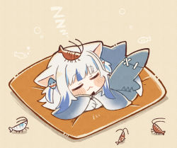 Rule 34 | 1girl, :3, absurdres, animal, animal ears, animal on head, beige background, blue hair, blunt bangs, blush stickers, cat ears, chibi, closed eyes, commentary, fins, fish tail, gawr gura, highres, hololive, hololive english, multicolored hair, on head, pillow, same anko, shark tail, shrimp, simple background, sleeping, solo, streaked hair, symbol-only commentary, tail, two-tone hair, two side up, virtual youtuber, white hair, zzz