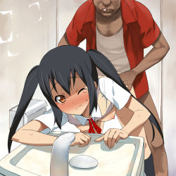 Rule 34 | 1boy, 1girl, a1 (initial-g), bathroom, bent over, black hair, blush, bottomless, breasts, clothes lift, doggystyle, frown, hetero, highres, k-on!, long hair, medium breasts, nakano azusa, neck ribbon, nipples, non-web source, orange eyes, rape, red ribbon, ribbon, school uniform, sex, sex from behind, shirt lift, sink, socks, sweat, sweater vest, twintails, ugly man, vaginal, wince