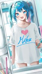 Rule 34 | 1girl, bathroom, blue eyes, blue hair, character name, clothes writing, commentary, cowboy shot, cup, day, dutch angle, hatsune miku, heart, heart print, highres, holding, holding toothbrush, indoors, light blush, long hair, mirror, open mouth, pixiv id, reflection, shirt, shirubaa, signature, smile, solo, standing, t-shirt, toothbrush, towel, twintails, twitter username, vocaloid, white shirt