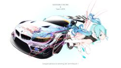 Rule 34 | 1girl, aqua eyes, aqua hair, bmw, bmw z4, boots, car, elbow gloves, female focus, fringe trim, gloves, goodsmile racing, hatsune miku, headphones, holding, inscription, leaning, leaning forward, long hair, looking away, mochimochi omochi, motor vehicle, racing, solo, thighhighs, twintails, vocaloid, white gloves