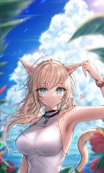 Rule 34 | 1girl, animal ears, aqua eyes, arm up, armpits, warrior of light (ff14), bare arms, bare shoulders, blonde hair, blush, breasts, cat ears, cat tail, facial mark, final fantasy, final fantasy xiv, flower, highres, large breasts, long hair, looking at viewer, miqo&#039;te, mirukurim, outdoors, shirt, sky, sleeveless, solo, tail, upper body, white shirt