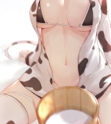 Rule 34 | 1girl, animal costume, bad id, bad pixiv id, bikini, black bikini, bottomless, breasts, cow costume, cow girl, cow tail, groin, head out of frame, milk, navel, no panties, open clothes, open shirt, simple background, sitting, solo, spread legs, swimsuit, tail, thighhighs, thighs, toroi jd, white background