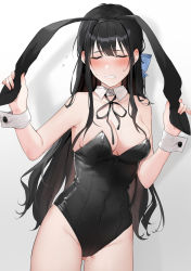 Rule 34 | 1girl, animal ears, black hair, black leotard, black ribbon, blue bow, bow, breasts, cleavage, closed eyes, embarrassed, hair bow, highres, large breasts, leotard, long hair, neck ribbon, original, playboy bunny, rabbit ears, ribbon, simple background, solo, standing, strapless, strapless leotard, white background, wrist cuffs, xretakex