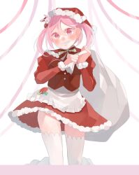 Rule 34 | 1girl, apron, badge, commentary request, dress, fur-trimmed dress, fur trim, hair bobbles, hair ornament, hat, highres, kantai collection, kneeling, official alternate costume, pink eyes, pink hair, red dress, red hat, sack, santa hat, sazanami (kancolle), short hair, simple background, solo, suppaman (rfjy), thighhighs, twintails, waist apron, white apron, white background, white thighhighs