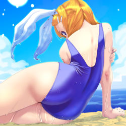 Rule 34 | 1girl, arm support, ass, bare shoulders, blue sky, blush, cloud, day, female focus, from behind, hair ornament, hair ribbon, hairclip, hand on own arm, highres, horizon, kagamine rin, leaning to the side, looking back, ocean, one-piece swimsuit, outdoors, ribbon, sand, school swimsuit, short hair, skin tight, sky, solo, soon (c-u-soon), swimsuit, tattoo, thighs, vocaloid, water, water drop, wedgie, wet, white ribbon