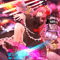 Rule 34 | 1boy, 1girl, armband, asaya-bigun, colored skin, english text, frills, long hair, looking at viewer, muscular, open mouth, outstretched arm, pink eyes, pink hair, pink skin, purple hair, purple skin, rasis, sound voltex, sound voltex ii infinite infection, tagme, voltenizer maxima
