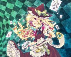 Rule 34 | 1girl, :d, apron, blonde hair, bow, bracelet, braid, card, clubs, cup, drinking glass, female focus, gloves, hair ribbon, hat, hat bow, hat ribbon, jewelry, kirisame marisa, long hair, open mouth, petticoat, playing card, purple eyes, ribbon, side braid, skirt, skirt set, smile, solo, spade, touhou, white gloves, wine glass, witch, witch hat, yuki sasame