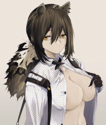 Rule 34 | animal ears, areola slip, arknights, black gloves, breasts, brown hair, cleavage, closed mouth, empty eyes, gloves, grey background, highres, kyousuzu, large breasts, long hair, long sleeves, looking at viewer, low ponytail, naked shirt, no bra, polka dot, polka dot shirt, ponytail, ringed eyes, robin (arknights), shirt, simple background, undressing, upper body, white shirt, yellow eyes