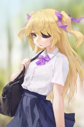 Rule 34 | 1girl, alternate costume, bag, blonde hair, blue skirt, blurry, blurry background, collared shirt, commentary request, day, depth of field, eyepatch, fischl (genshin impact), genshin impact, green eyes, hair ribbon, highres, holding, holding bag, leviathan (hikinito0902), long hair, looking at viewer, neck ribbon, outdoors, parted lips, purple ribbon, ribbon, school bag, school uniform, shirt, shirt tucked in, short sleeves, skirt, solo, two side up, white shirt
