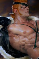 Rule 34 | 1boy, abs, armpits, bare pectorals, blue eyes, blurry, blurry background, chest tattoo, closed mouth, domino mask, fur trim, gloves, half-closed eyes, highres, jacket, lips, looking to the side, lying, male focus, mask, mature male, medium hair, muscular, muscular male, nipples, on back, one piece, open clothes, open jacket, orange hair, pectorals, realistic, scar, scar on face, shiny skin, sideburns, solo, stomach, sweat, tattoo, undressing, upper body, x drake, yonekura naoyasu