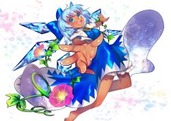 Rule 34 | 1girl, :d, absurdres, bare legs, barefoot, blue bow, blue dress, blue eyes, blue hair, bow, cirno, dark-skinned female, dark skin, dress, flower, foreshortening, hair bow, highres, ice, looking at viewer, mozu 1oo, open mouth, short hair, short sleeves, smile, solo, space print, starry sky print, sunflower, tan, tanned cirno, touhou